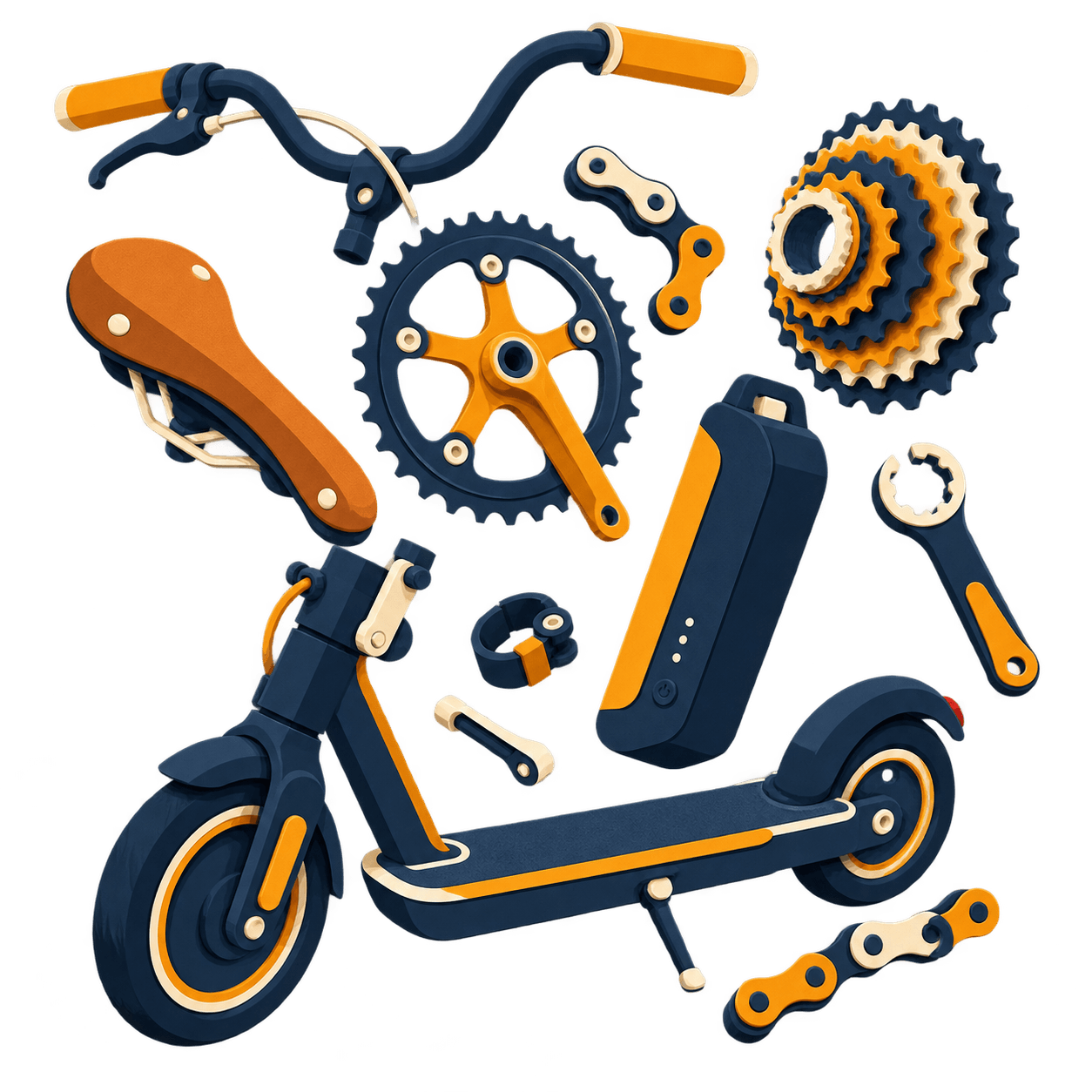 Bisiklet ve elektrikli scooter parçaları illüstrasyonu: gidon, sele, aynakol, kaset, batarya, anahtar ve scooter